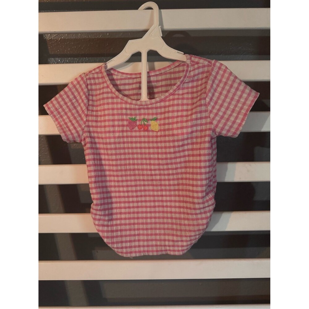 Girls Pink Gingham Fruit Embroidered Short Sleeve Tee